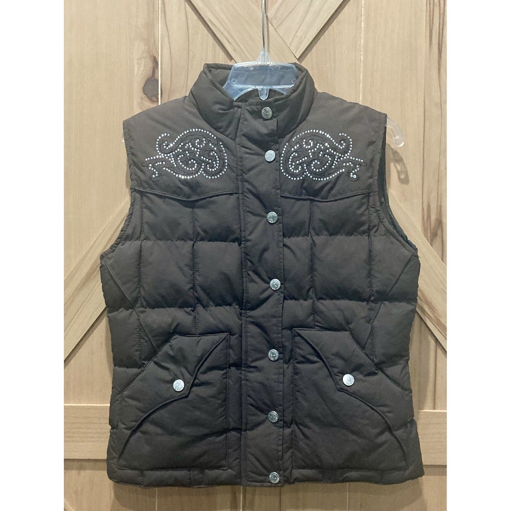 Cowgirl Hardware Brown Puffer Quilted Vest Women's Small Glam Rhinestones Rodeo
